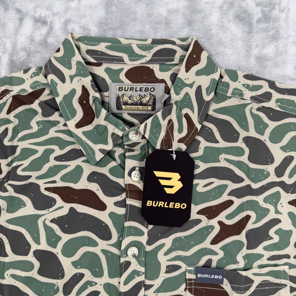 Burlebo Mens Retro Duck Camo Performance Short Sleeve Button Up Shirt Large NEW